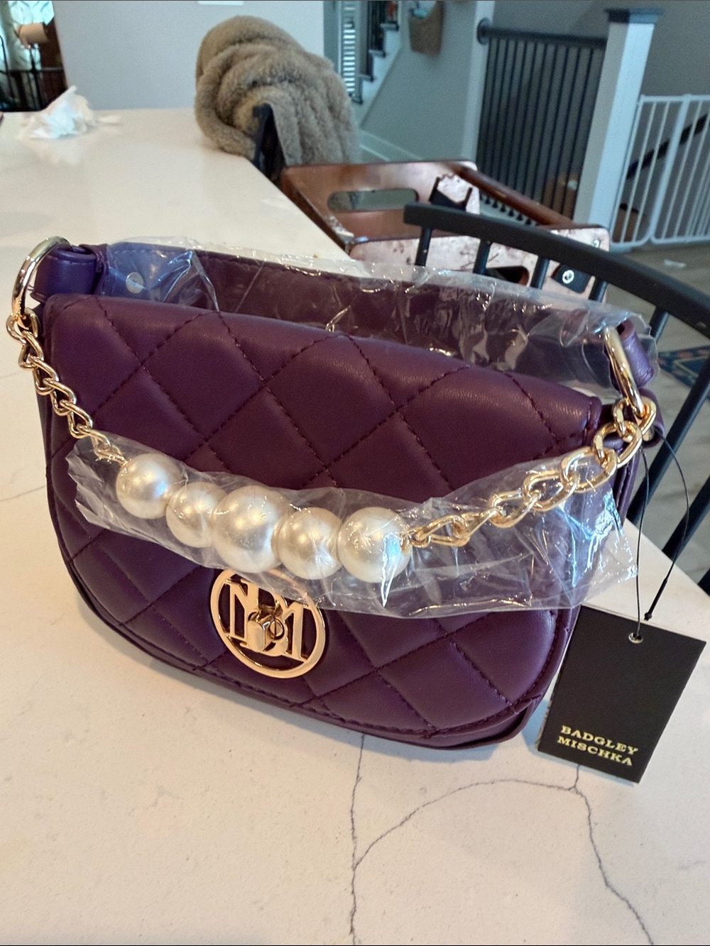 Badgley Mischka Purple Quilted Crossbody Bag with Pearl Chain